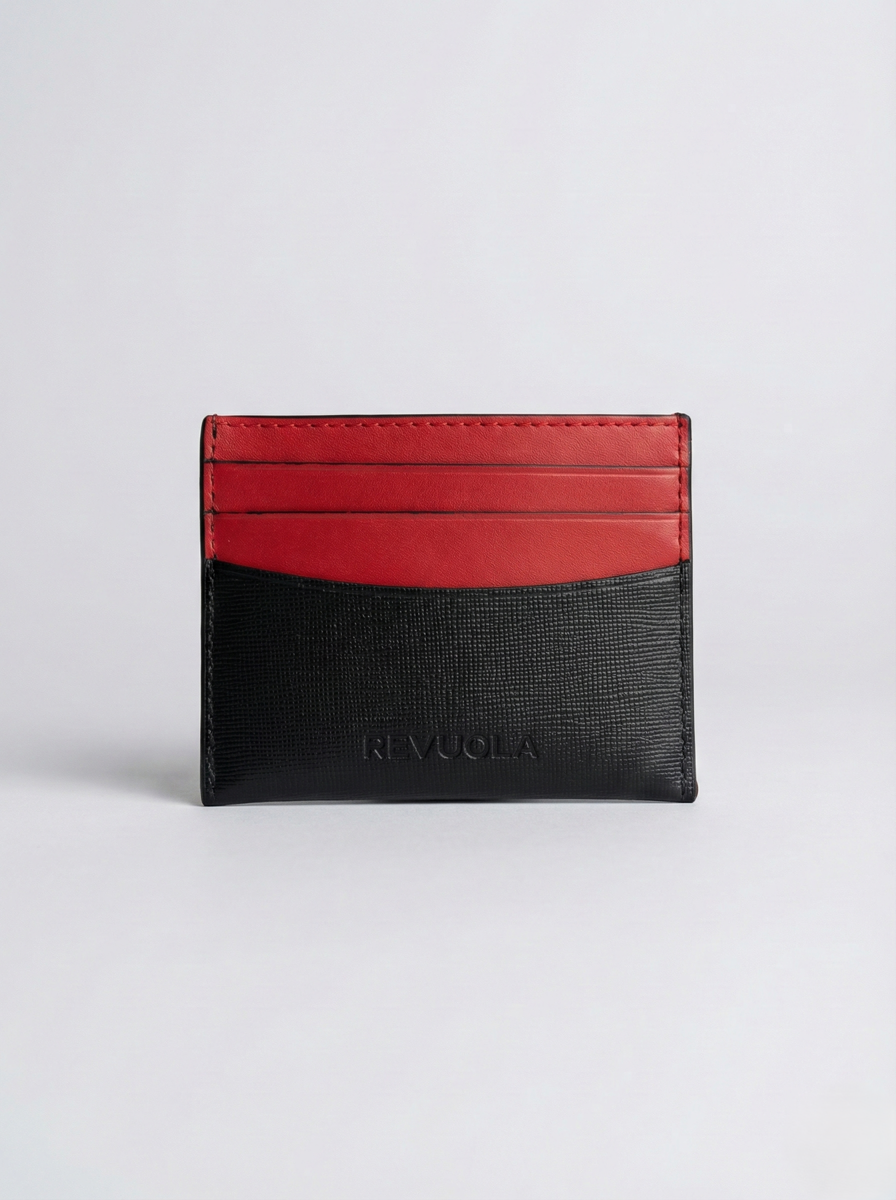 Revuola Slim Genuine Leather Cardholder for Men and Women – Minimalist Front Pocket Wallet – Modern Two-Tone Black & Red Design – 7 Slots for Credit Cards, ID, and Cash – Ultra-Lightweight