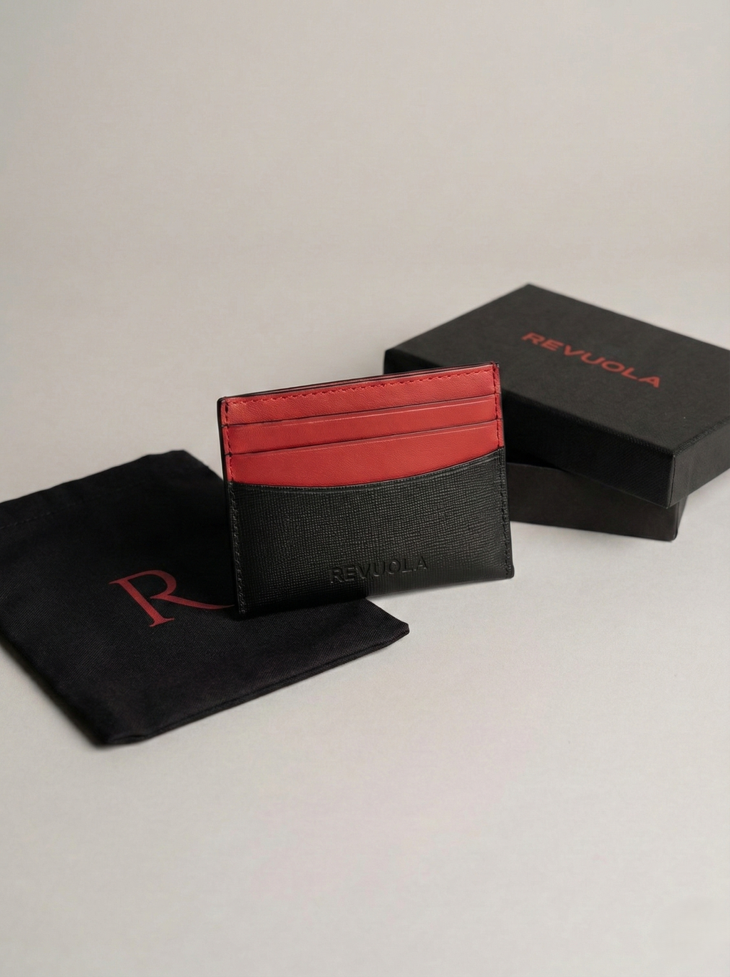 Revuola Slim Genuine Leather Cardholder for Men and Women – Minimalist Front Pocket Wallet – Modern Two-Tone Black & Red Design – 7 Slots for Credit Cards, ID, and Cash – Ultra-Lightweight